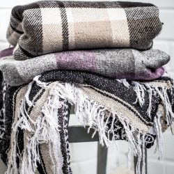 warm cozy blankets stacked on a chair,the concept of warmth and comfort